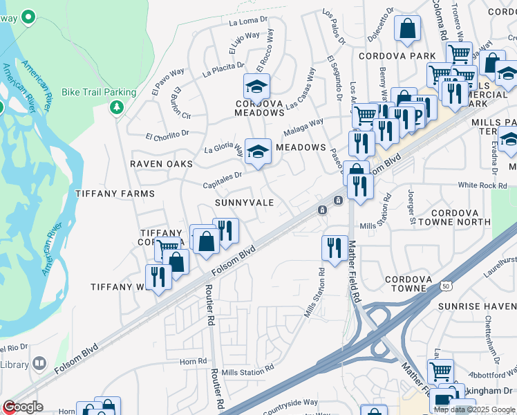 map of restaurants, bars, coffee shops, grocery stores, and more near 2725 El Parque Circle in Rancho Cordova