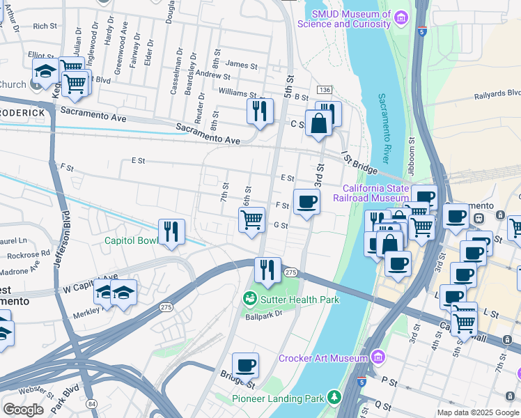 map of restaurants, bars, coffee shops, grocery stores, and more near 620 5th Street in West Sacramento