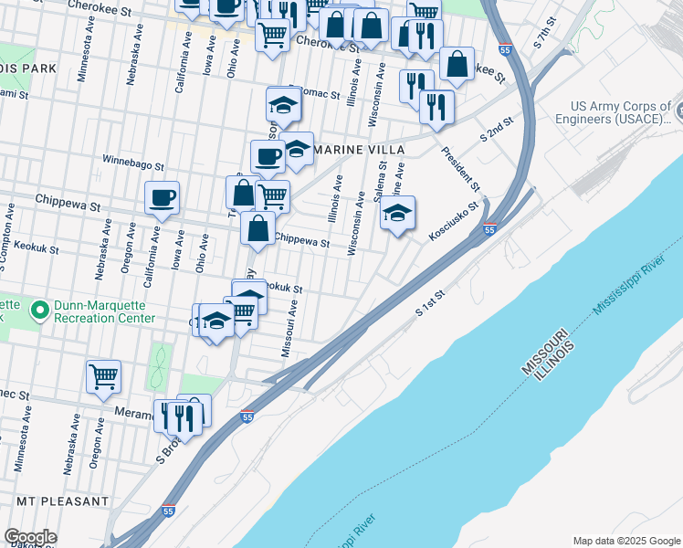 map of restaurants, bars, coffee shops, grocery stores, and more near 3834 Illinois Avenue in St. Louis