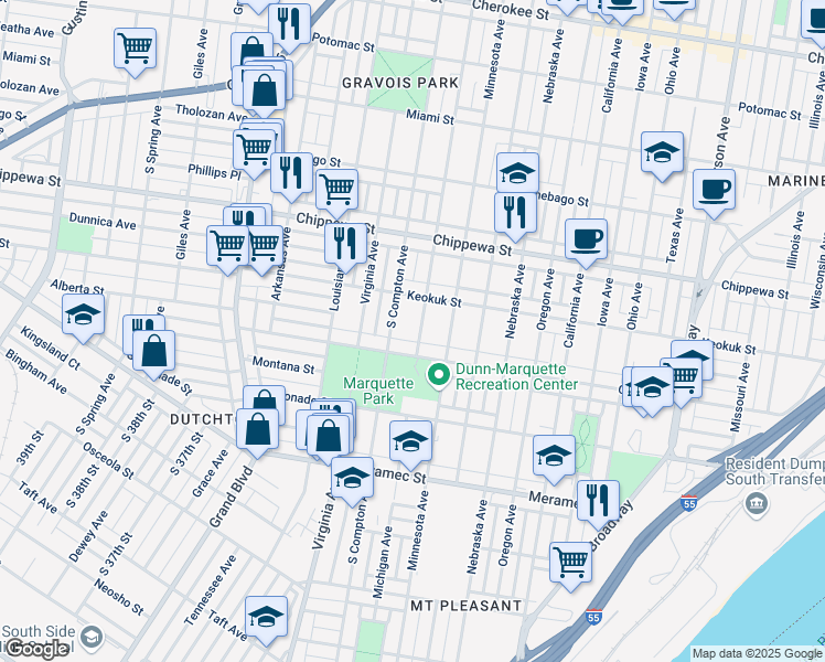 map of restaurants, bars, coffee shops, grocery stores, and more near 3938 South Compton Avenue in St. Louis