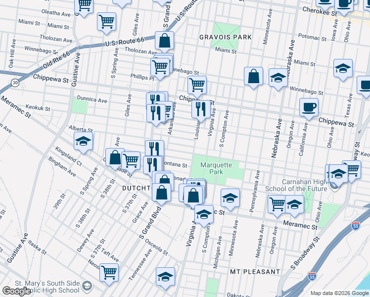 map of restaurants, bars, coffee shops, grocery stores, and more near 3405 Osage Street in St. Louis