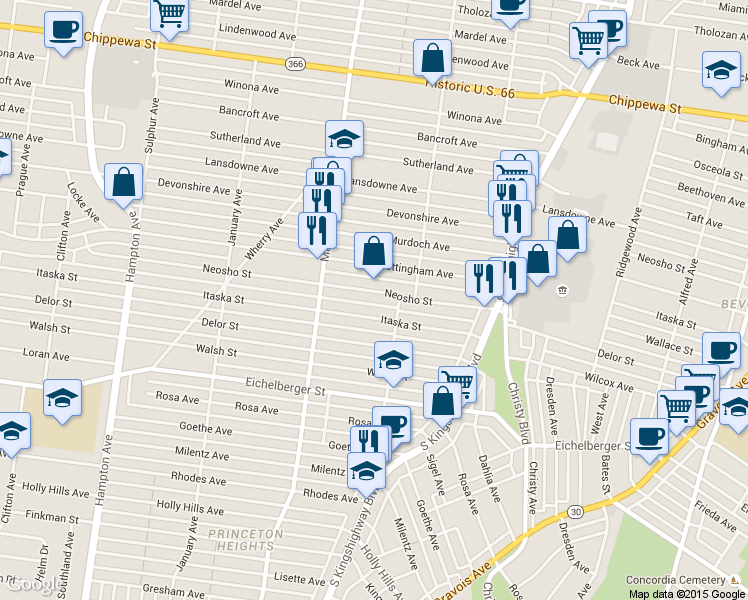 map of restaurants, bars, coffee shops, grocery stores, and more near 5238 Neosho Street in St. Louis