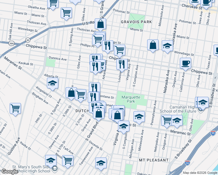 map of restaurants, bars, coffee shops, grocery stores, and more near 3433 Osage Street in St. Louis