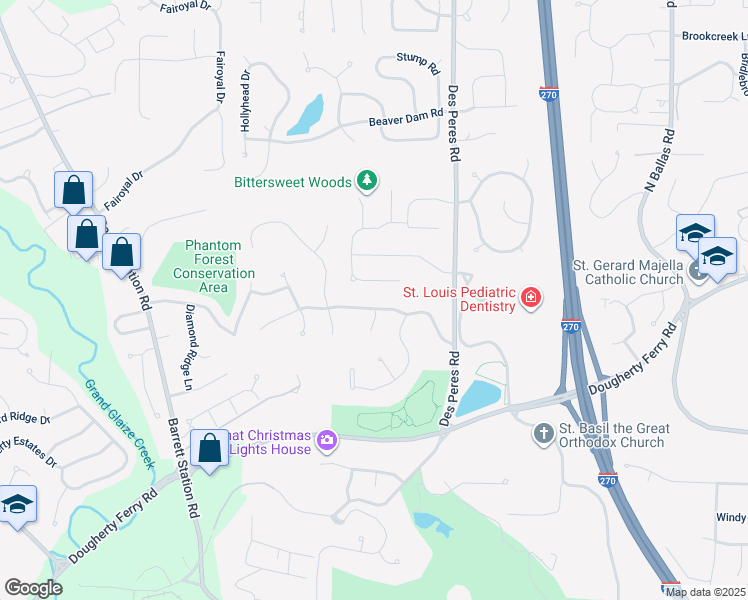 map of restaurants, bars, coffee shops, grocery stores, and more near 12915 Huntercreek Road in Des Peres