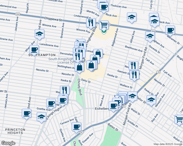 map of restaurants, bars, coffee shops, grocery stores, and more near 4930 Christy Boulevard in St. Louis