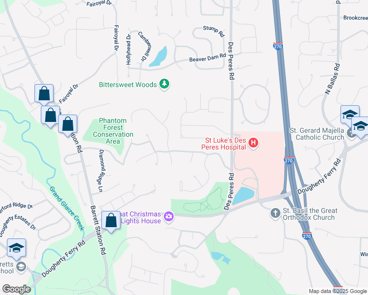 map of restaurants, bars, coffee shops, grocery stores, and more near 12915 Huntercreek Road in Des Peres