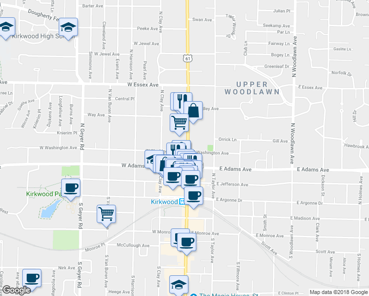 map of restaurants, bars, coffee shops, grocery stores, and more near 401 North Kirkwood Road in Kirkwood
