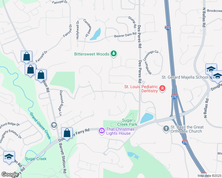 map of restaurants, bars, coffee shops, grocery stores, and more near 12915 Huntercreek Road in Des Peres