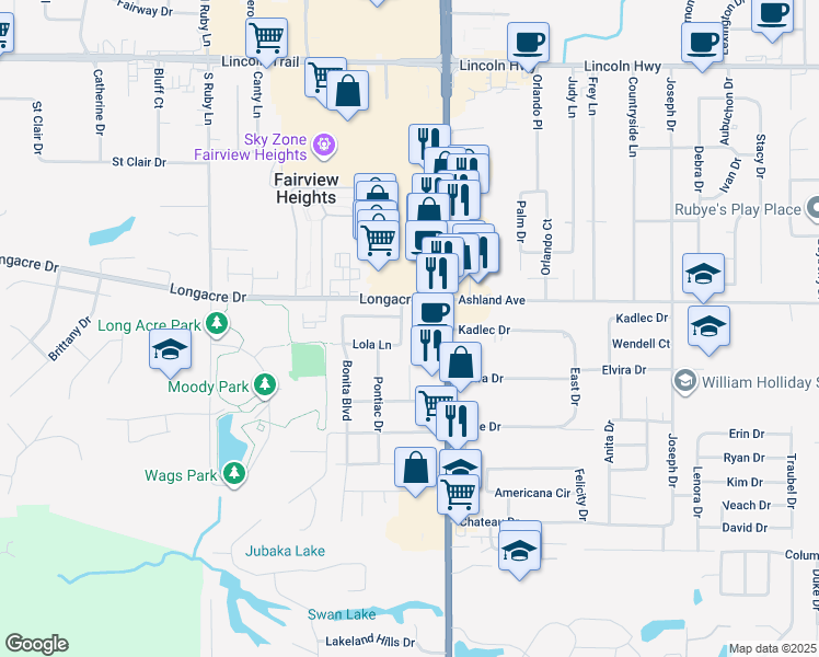 map of restaurants, bars, coffee shops, grocery stores, and more near 5708 Pontiac Drive in Fairview Heights