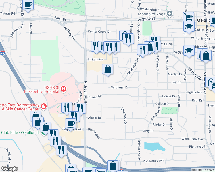 map of restaurants, bars, coffee shops, grocery stores, and more near 688 Carol Ann Drive in O'Fallon