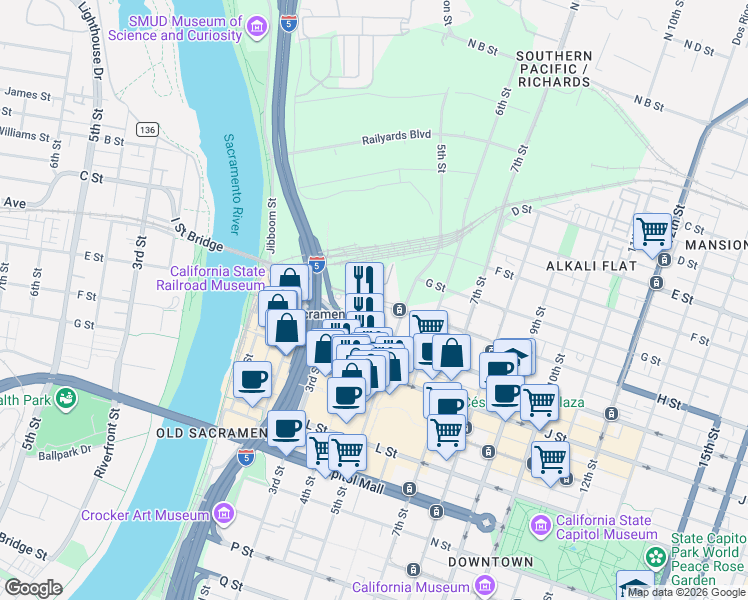 map of restaurants, bars, coffee shops, grocery stores, and more near  in Sacramento