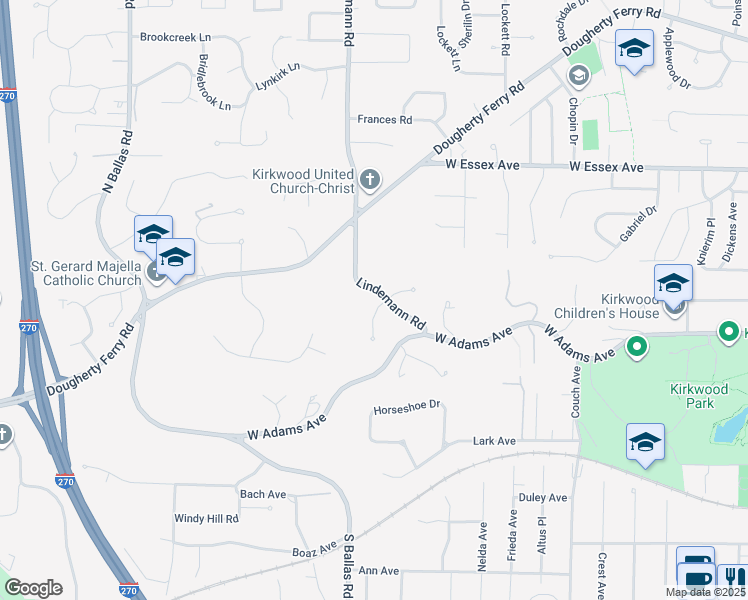map of restaurants, bars, coffee shops, grocery stores, and more near 1607 View Woods Drive in Kirkwood