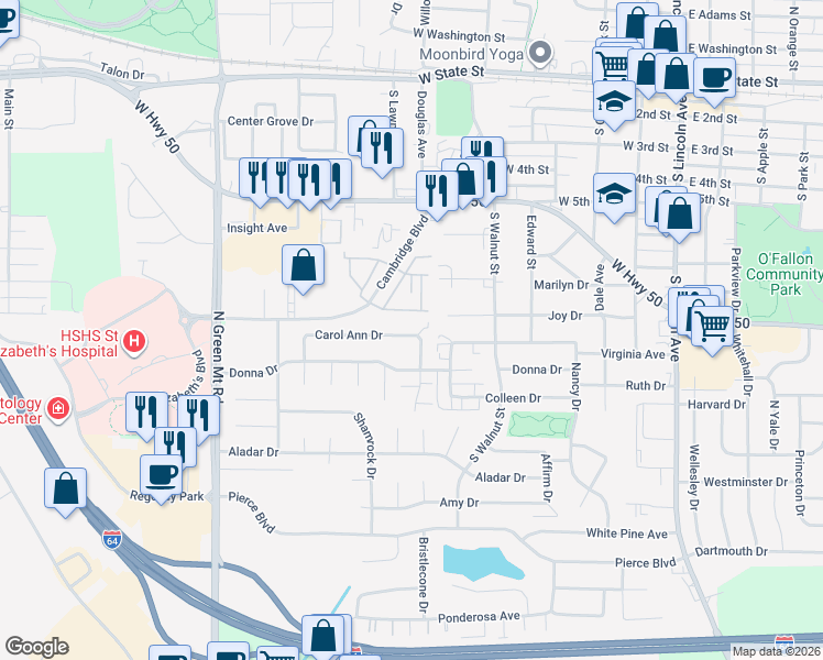 map of restaurants, bars, coffee shops, grocery stores, and more near 616 Carol Ann Drive in O'Fallon
