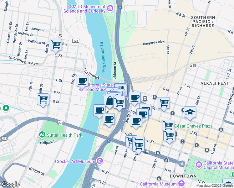 map of restaurants, bars, coffee shops, grocery stores, and more near 111 I Street in Sacramento