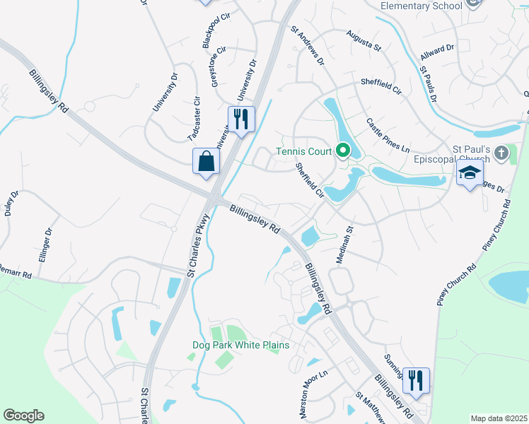 map of restaurants, bars, coffee shops, grocery stores, and more near 4665 Prestancia Place in Saint Charles