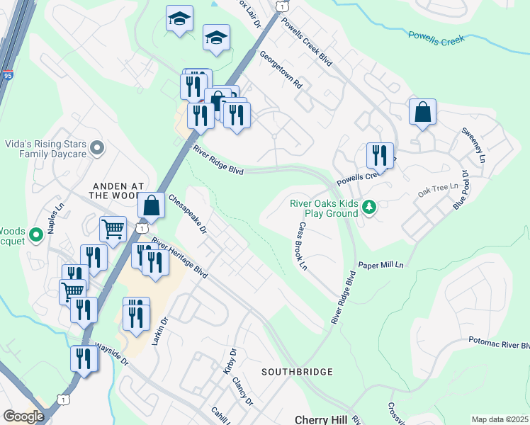 map of restaurants, bars, coffee shops, grocery stores, and more near 2902 Chevoit Hill Court in Woodbridge