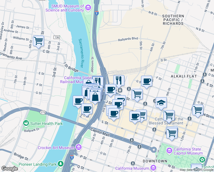 map of restaurants, bars, coffee shops, grocery stores, and more near 2811 I Street Bridge in Sacramento