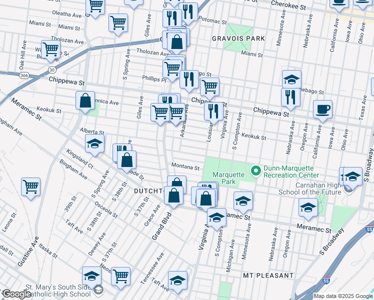 map of restaurants, bars, coffee shops, grocery stores, and more near 3445 Osage Street in St. Louis