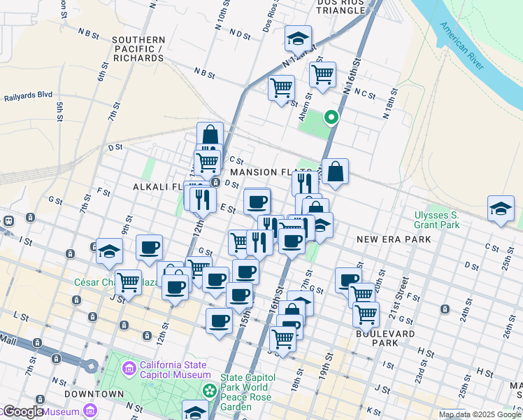 map of restaurants, bars, coffee shops, grocery stores, and more near 425 14th Street in Sacramento
