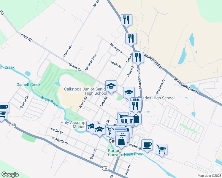 map of restaurants, bars, coffee shops, grocery stores, and more near 1701 Grant Street in Calistoga