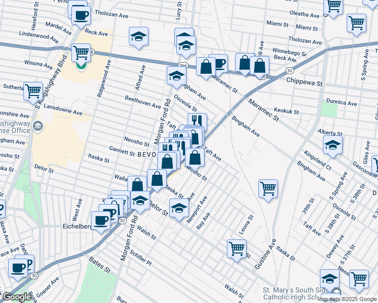 map of restaurants, bars, coffee shops, grocery stores, and more near in St. Louis