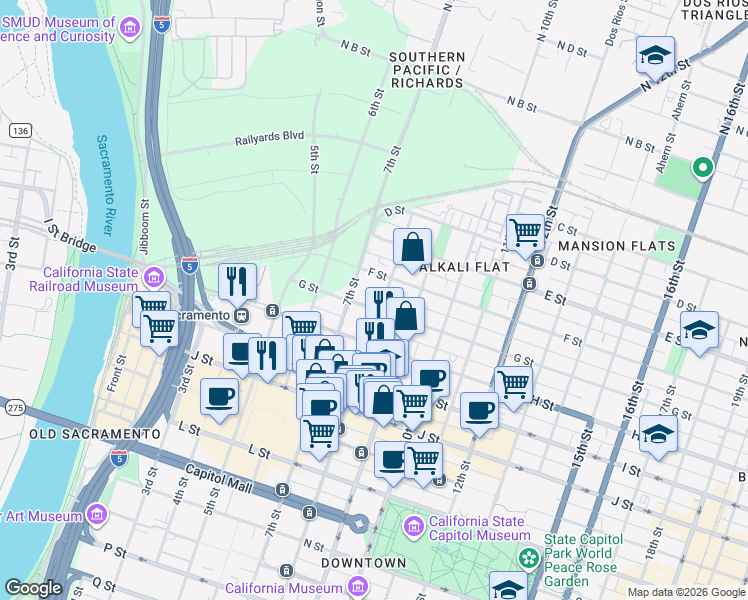 map of restaurants, bars, coffee shops, grocery stores, and more near 799 G Street in Sacramento