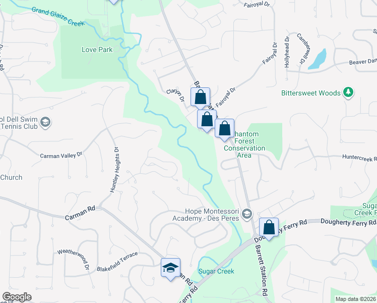 map of restaurants, bars, coffee shops, grocery stores, and more near 2721 Barrett Station Road in Ballwin