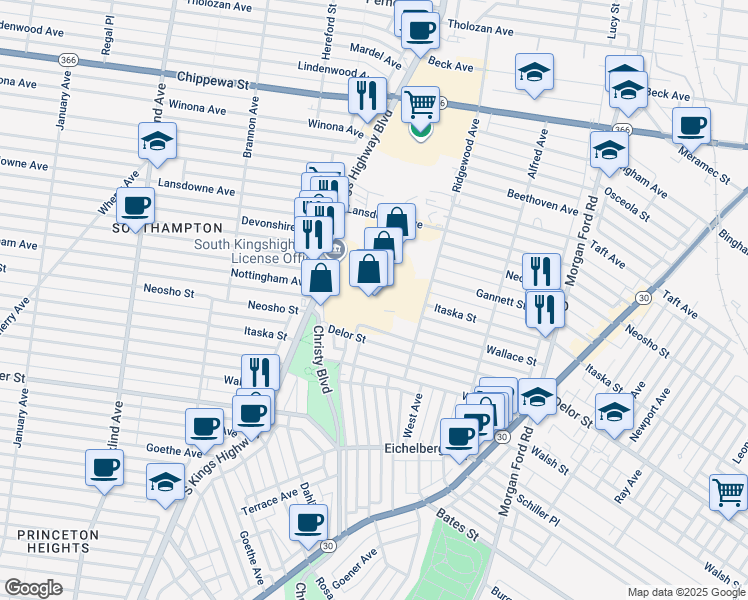map of restaurants, bars, coffee shops, grocery stores, and more near 4930 Christy Boulevard in St. Louis