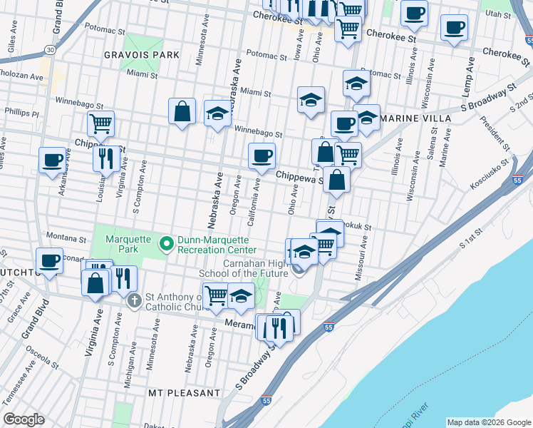 map of restaurants, bars, coffee shops, grocery stores, and more near 3907 Iowa Avenue in St. Louis