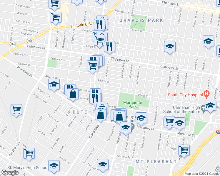 map of restaurants, bars, coffee shops, grocery stores, and more near 3441 Osage Street in St. Louis