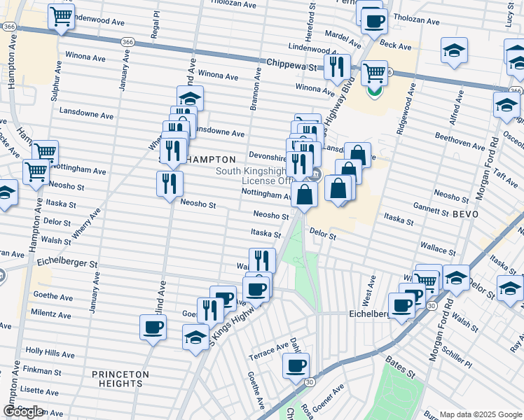 map of restaurants, bars, coffee shops, grocery stores, and more near 4949 Neosho Street in St. Louis