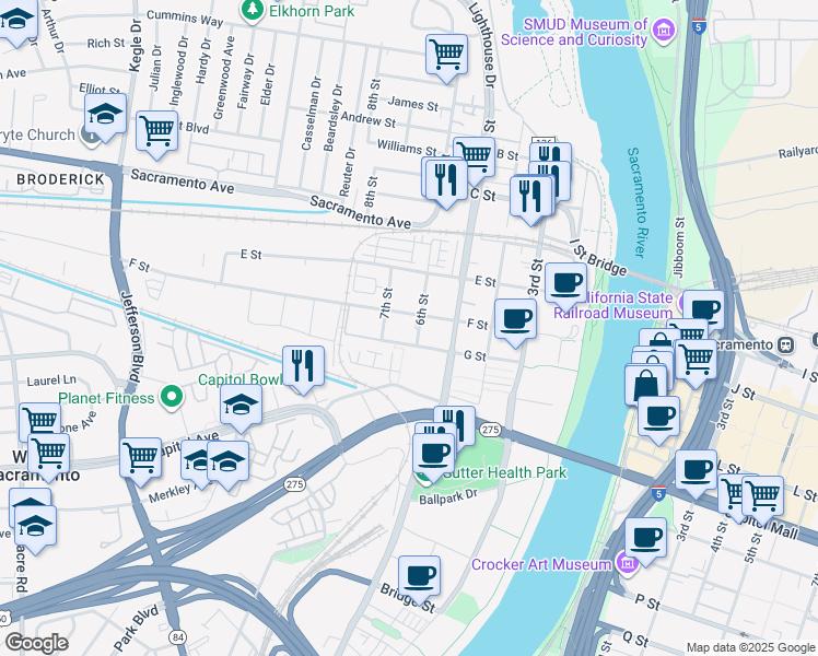 map of restaurants, bars, coffee shops, grocery stores, and more near 604 6th Street in West Sacramento