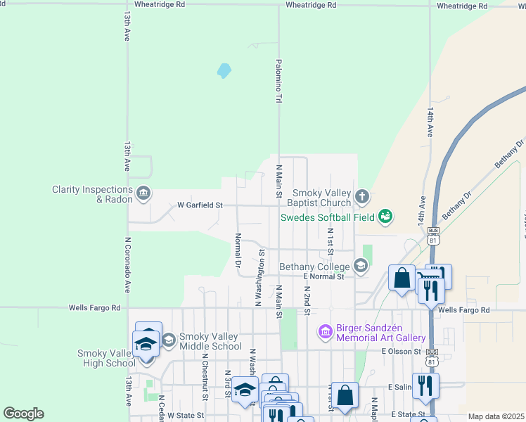 map of restaurants, bars, coffee shops, grocery stores, and more near 203 W Garfield St in Lindsborg