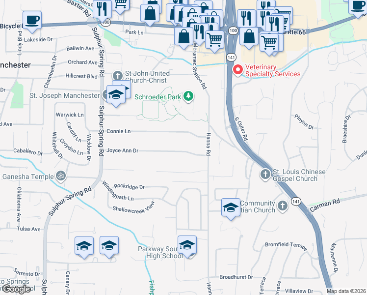 map of restaurants, bars, coffee shops, grocery stores, and more near 801 Joyceann Drive in Ballwin