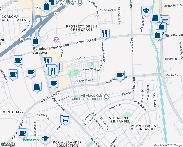 map of restaurants, bars, coffee shops, grocery stores, and more near 3147 Brindley Way in Rancho Cordova