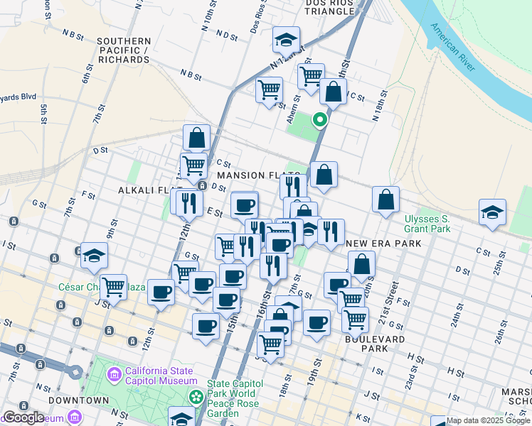 map of restaurants, bars, coffee shops, grocery stores, and more near 411 15th Street in Sacramento