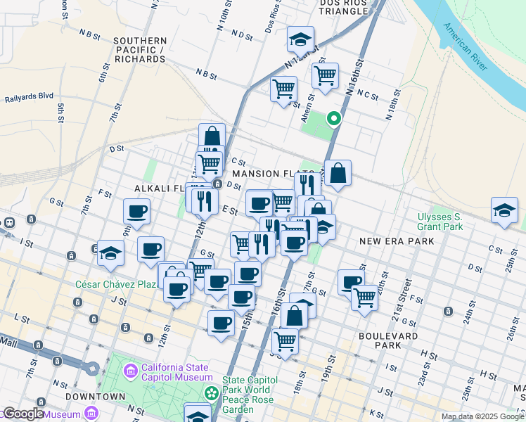 map of restaurants, bars, coffee shops, grocery stores, and more near 425 14th Street in Sacramento