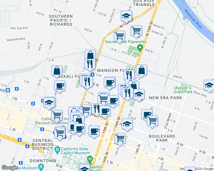 map of restaurants, bars, coffee shops, grocery stores, and more near 501 13th Street in Sacramento