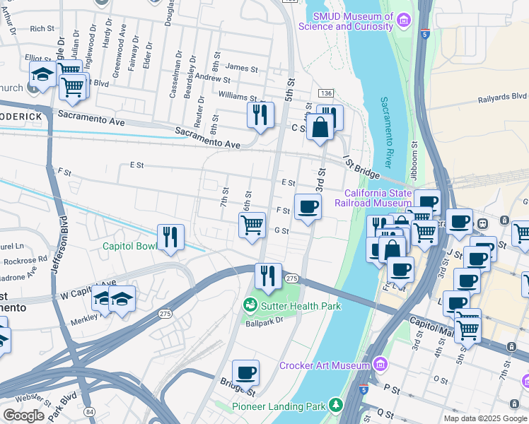 map of restaurants, bars, coffee shops, grocery stores, and more near 620 5th Street in West Sacramento