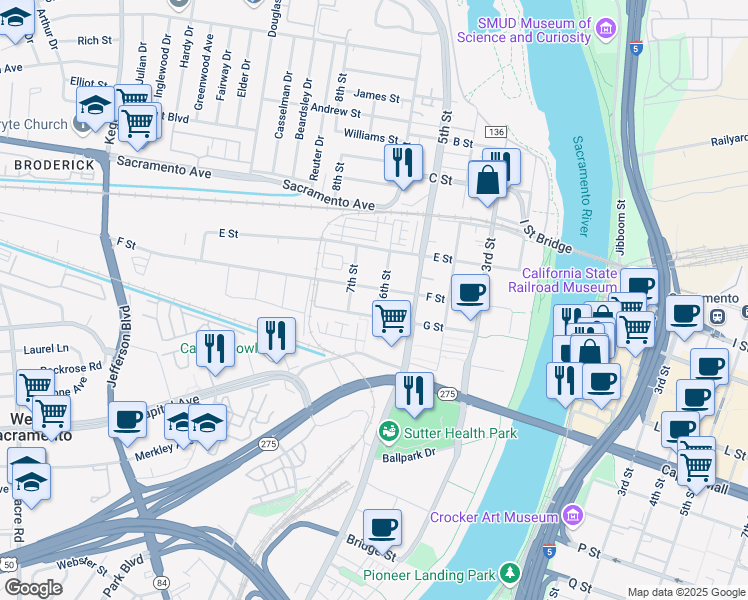 map of restaurants, bars, coffee shops, grocery stores, and more near 605 6th Street in West Sacramento