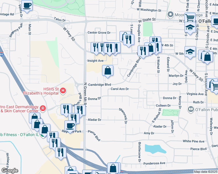 map of restaurants, bars, coffee shops, grocery stores, and more near 676 Carol Ann Drive in O'Fallon