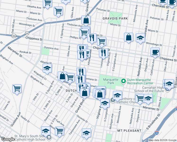 map of restaurants, bars, coffee shops, grocery stores, and more near 3441 Osage Street in St. Louis