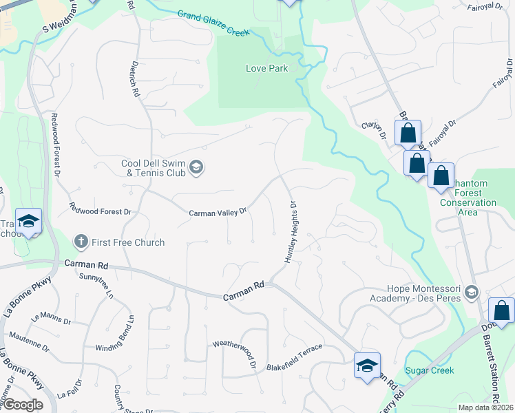 map of restaurants, bars, coffee shops, grocery stores, and more near 619 Amberwood Lane in Ballwin