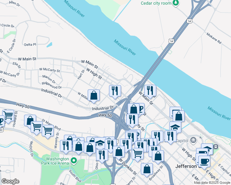 map of restaurants, bars, coffee shops, grocery stores, and more near 913 West High Street in Jefferson City