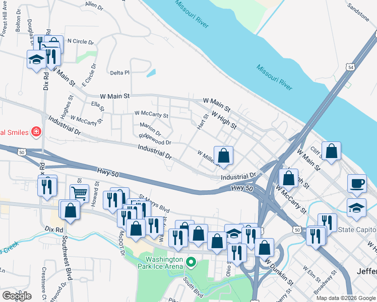 map of restaurants, bars, coffee shops, grocery stores, and more near 1214 Industrial Drive in Jefferson City