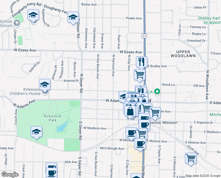 map of restaurants, bars, coffee shops, grocery stores, and more near 405 North Harrison Avenue in Kirkwood