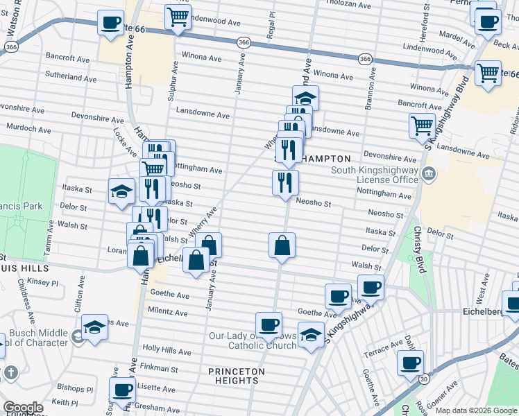 map of restaurants, bars, coffee shops, grocery stores, and more near 5447 Itaska Street in St. Louis