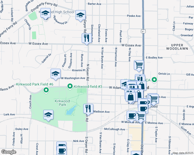 map of restaurants, bars, coffee shops, grocery stores, and more near 2 Pleasant Court in Kirkwood