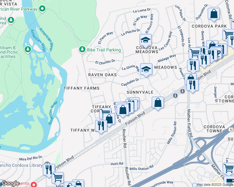 map of restaurants, bars, coffee shops, grocery stores, and more near 2088 West La Loma Drive in Rancho Cordova