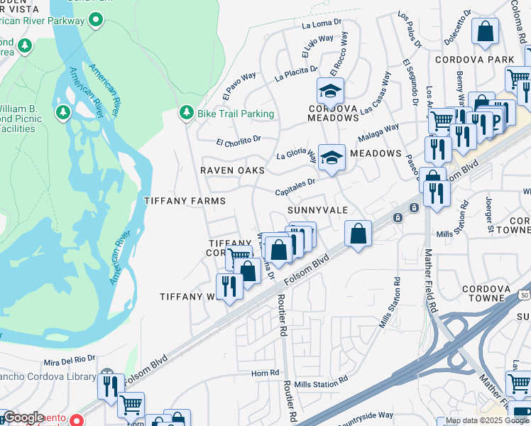 map of restaurants, bars, coffee shops, grocery stores, and more near 2088 West La Loma Drive in Rancho Cordova